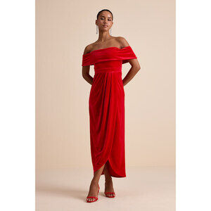 Lulus I'm Enchanted Red Velvet Off-the-shoulder Maxi Dress - Size XS